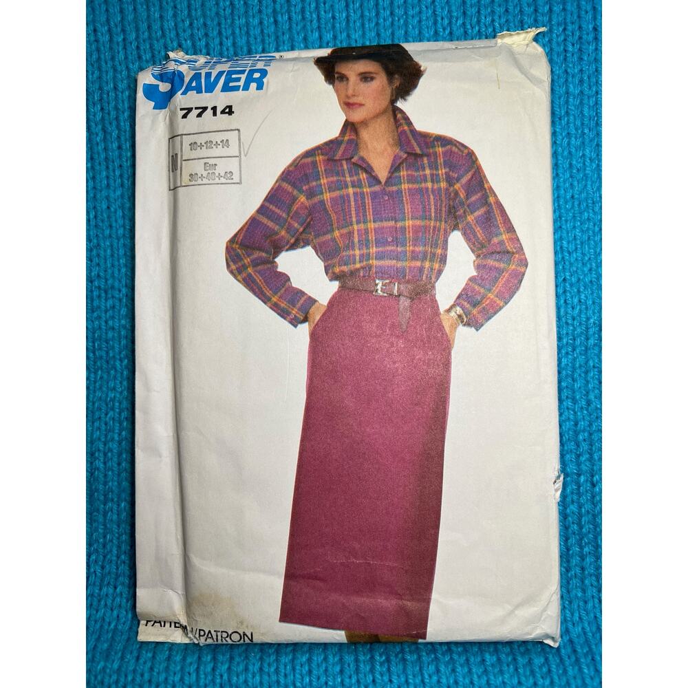 McCalls 7714 pattern Midi skirt straight button up blouse 1980s size 10 12 14